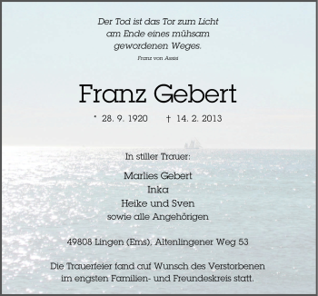 Traueranzeige von Franz Gebert von Neue Osnabrücker Zeitung GmbH & Co. KG