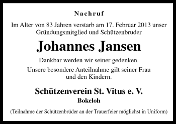 Traueranzeige von Johannes Jansen von Neue Osnabrücker Zeitung GmbH & Co. KG