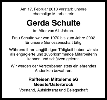 Traueranzeige von Gerda Schulte von Neue Osnabrücker Zeitung GmbH & Co. KG