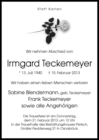 Traueranzeige von Irmgard Teckemeyer von Neue Osnabrücker Zeitung GmbH & Co. KG