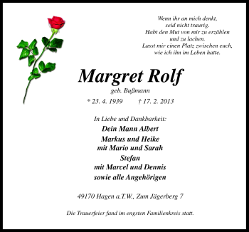 Traueranzeige von Margret Rolf von Neue Osnabrücker Zeitung GmbH & Co. KG