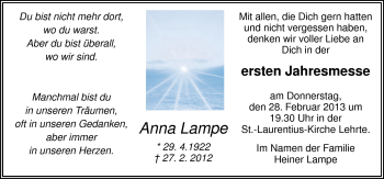 Traueranzeige von Anna Lampe von Neue Osnabrücker Zeitung GmbH & Co. KG