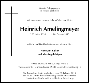 Traueranzeige von Heinrich Amelingmeyer von Neue Osnabrücker Zeitung GmbH & Co. KG