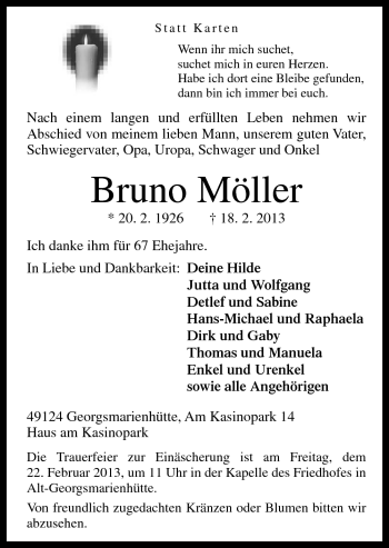 Traueranzeige von Bruno Möller von Neue Osnabrücker Zeitung GmbH & Co. KG