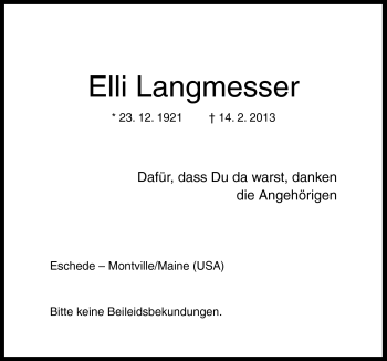 Traueranzeige von Elli Langmesser von Neue Osnabrücker Zeitung GmbH & Co. KG