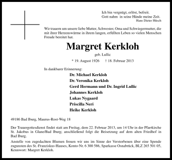 Traueranzeige von Margret Kerkloh von Neue Osnabrücker Zeitung GmbH & Co. KG