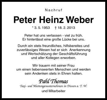 Traueranzeige von Peter Heinz Weber von Neue Osnabrücker Zeitung GmbH & Co. KG