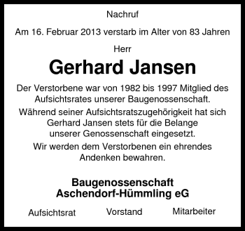 Traueranzeige von Gerhard Jansen von Neue Osnabrücker Zeitung GmbH & Co. KG