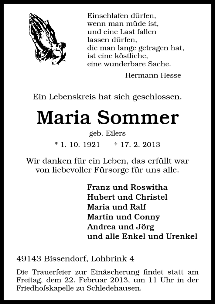  Traueranzeige für Maria Sommer vom 21.02.2013 aus Neue Osnabrücker Zeitung GmbH & Co. KG