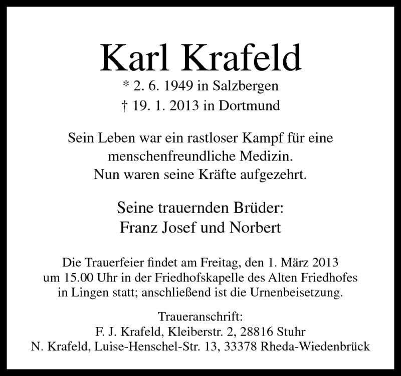 Traueranzeige für Karl Krafeld vom 23.02.2013 aus Neue Osnabrücker Zeitung GmbH & Co. KG