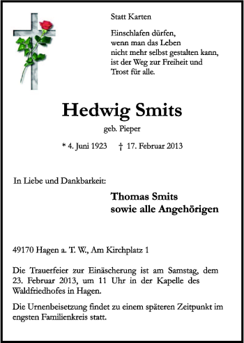 Traueranzeige von Hedwig Smits von Neue Osnabrücker Zeitung GmbH & Co. KG