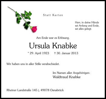 Traueranzeige von Ursula Knabke von Neue Osnabrücker Zeitung GmbH & Co. KG
