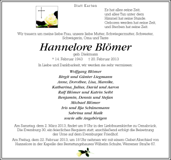 Traueranzeige von Hannelore Blömer von Neue Osnabrücker Zeitung GmbH & Co. KG