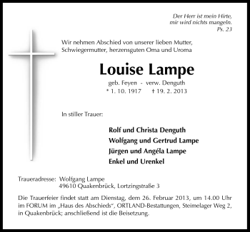 Traueranzeige von Louise Lampe von Neue Osnabrücker Zeitung GmbH & Co. KG
