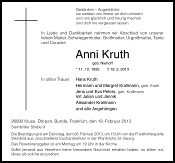 Traueranzeige von Anni Kruth von Neue Osnabrücker Zeitung GmbH & Co. KG