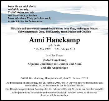 Traueranzeige von Anni Hanekamp von Neue Osnabrücker Zeitung GmbH & Co. KG
