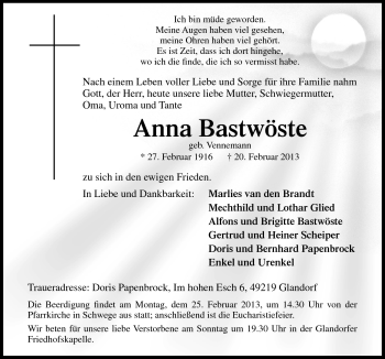 Traueranzeige von Anna Bastwöste von Neue Osnabrücker Zeitung GmbH & Co. KG