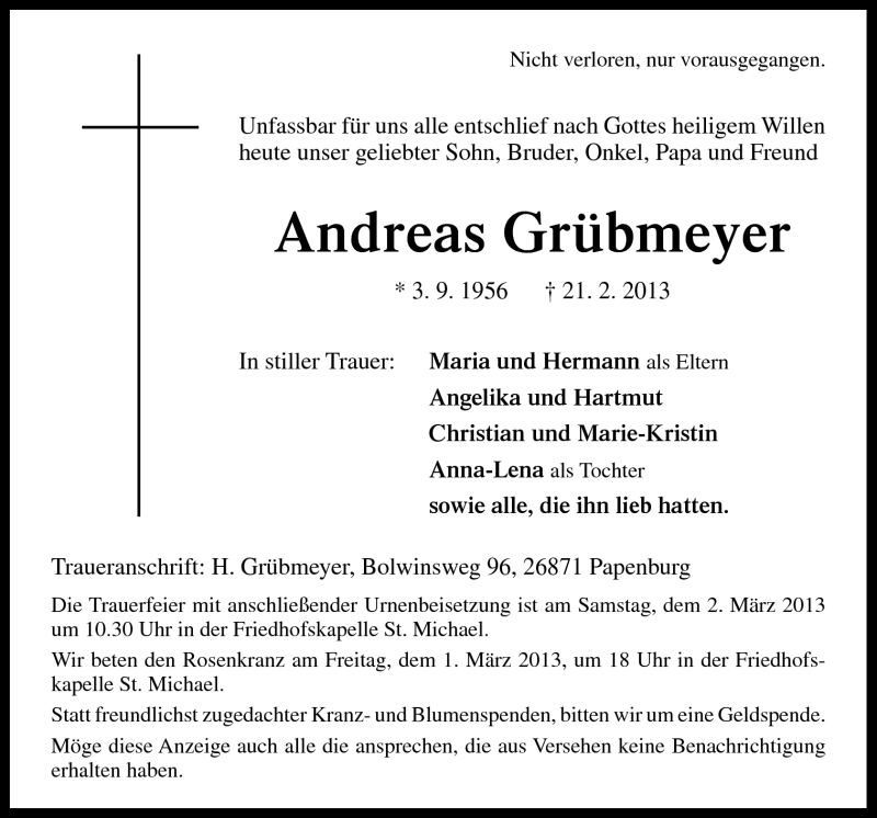  Traueranzeige für Andreas Grübmeyer vom 22.02.2013 aus Neue Osnabrücker Zeitung GmbH & Co. KG
