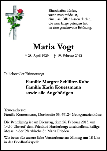 Traueranzeige von Maria Vogt von Neue Osnabrücker Zeitung GmbH & Co. KG
