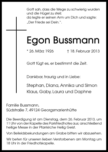 Traueranzeige von Egon Bussmann von Neue Osnabrücker Zeitung GmbH & Co. KG