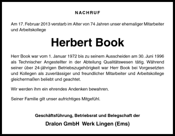 Traueranzeige von Herbert Book von Neue Osnabrücker Zeitung GmbH & Co. KG
