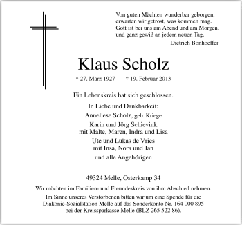 Traueranzeige von Klaus Scholz von Neue Osnabrücker Zeitung GmbH & Co. KG