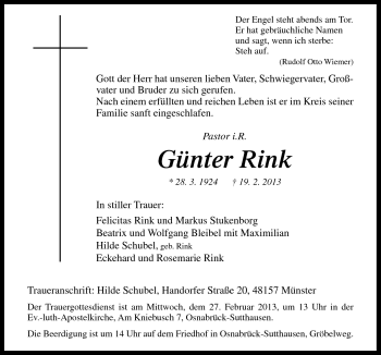 Traueranzeige von Günter Rink von Neue Osnabrücker Zeitung GmbH & Co. KG