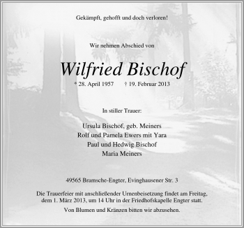 Traueranzeige von Wilfried Bischof von Neue Osnabrücker Zeitung GmbH & Co. KG