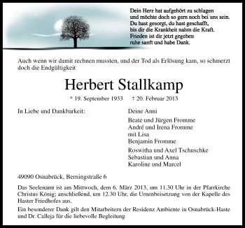 Traueranzeige von Herbert Stallkamp von Neue Osnabrücker Zeitung GmbH & Co. KG