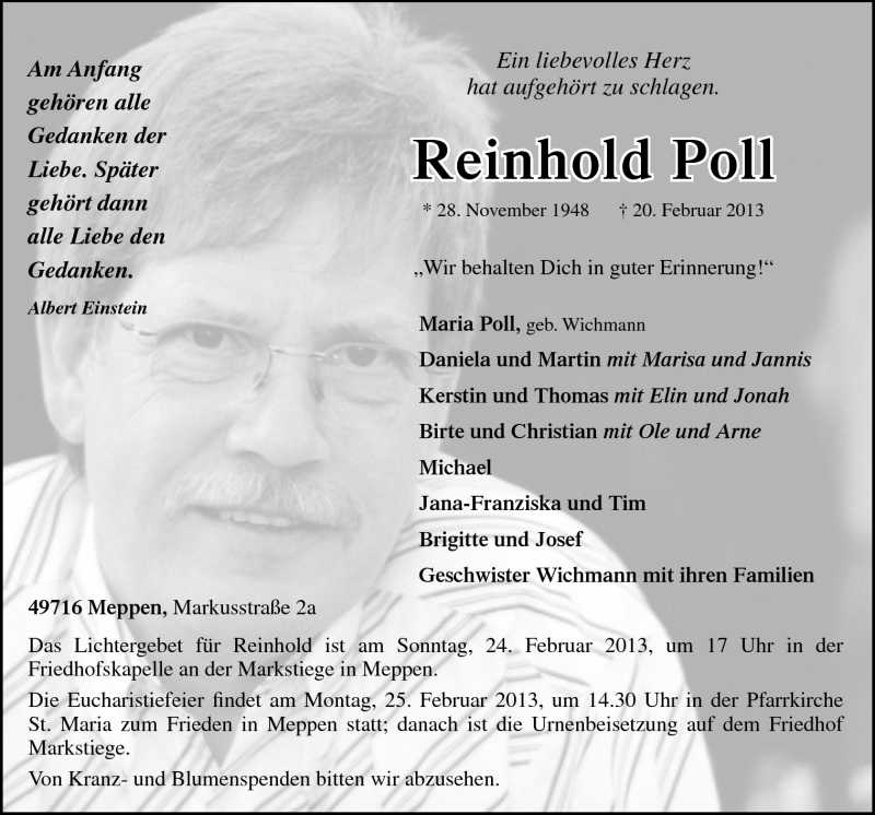  Traueranzeige für Reinhold Poll vom 23.02.2013 aus Neue Osnabrücker Zeitung GmbH & Co. KG