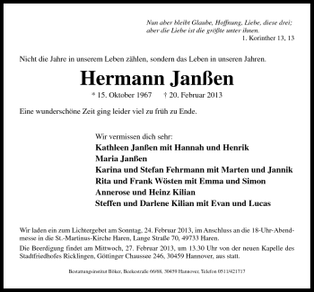 Traueranzeige von Hermann Janßen von Neue Osnabrücker Zeitung GmbH & Co. KG
