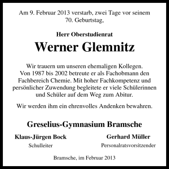 Traueranzeige von Werner Glemnitz von Neue Osnabrücker Zeitung GmbH & Co. KG