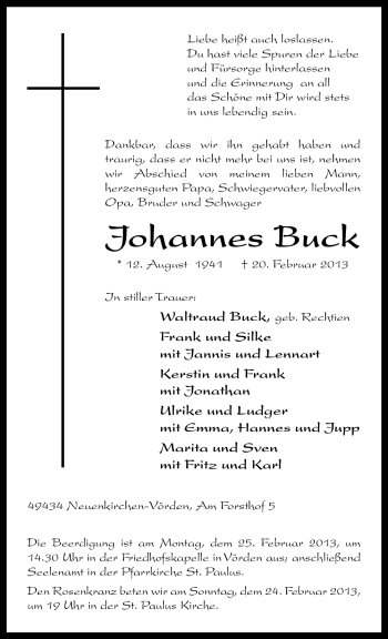 Traueranzeige von Johannes Buck von Neue Osnabrücker Zeitung GmbH & Co. KG