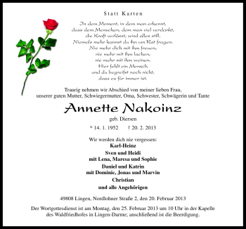 Traueranzeige von Annette Nakoinz von Neue Osnabrücker Zeitung GmbH & Co. KG