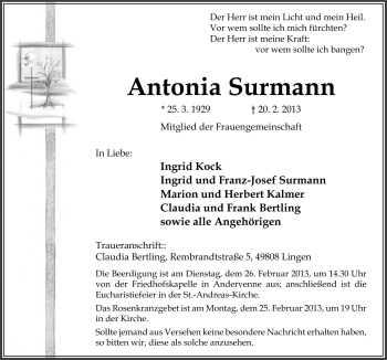 Traueranzeige von Antonia Surmann von Neue Osnabrücker Zeitung GmbH & Co. KG