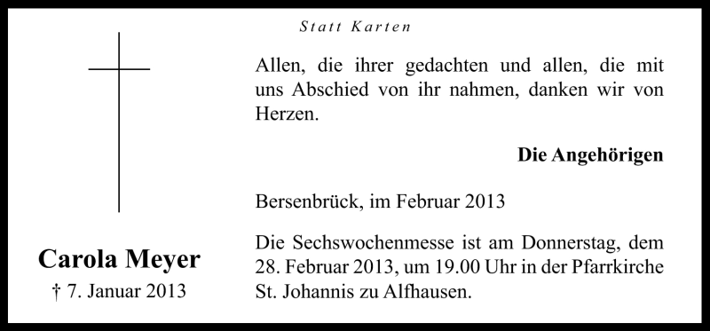 Traueranzeige für Carola Meyer vom 23.02.2013 aus Neue Osnabrücker Zeitung GmbH & Co. KG