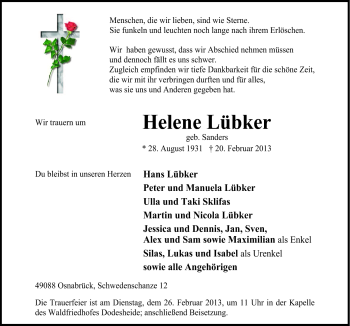 Traueranzeige von Helene Lübker von Neue Osnabrücker Zeitung GmbH & Co. KG
