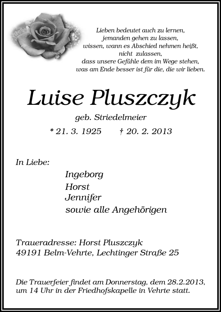  Traueranzeige für Luise Pluszczyk vom 23.02.2013 aus Neue Osnabrücker Zeitung GmbH & Co. KG