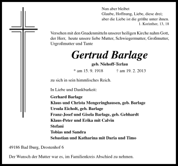 Traueranzeige von Gertrud Barlage von Neue Osnabrücker Zeitung GmbH & Co. KG