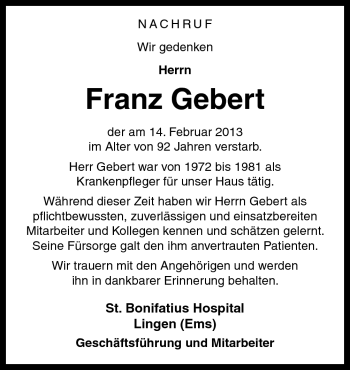 Traueranzeige von Franz Gebert von Neue Osnabrücker Zeitung GmbH & Co. KG