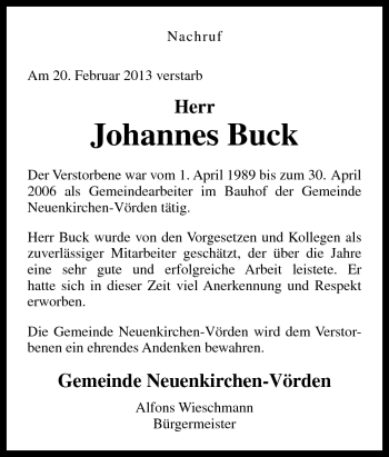 Traueranzeige von Johannes Buck von Neue Osnabrücker Zeitung GmbH & Co. KG