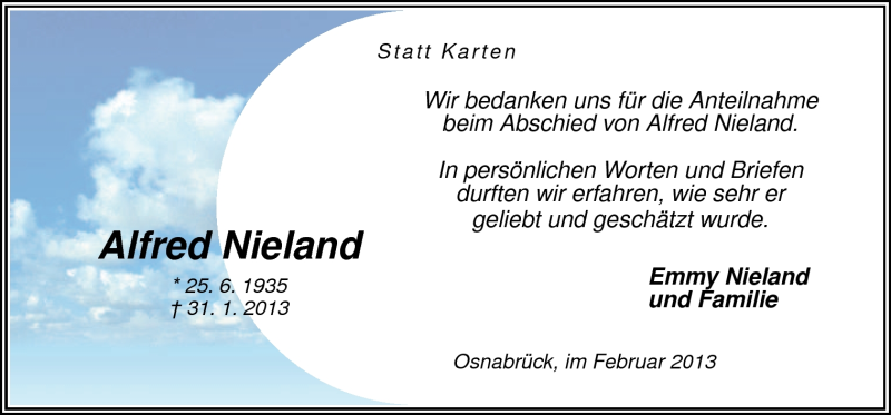  Traueranzeige für Alfred Nieland vom 28.02.2013 aus Neue Osnabrücker Zeitung GmbH & Co. KG