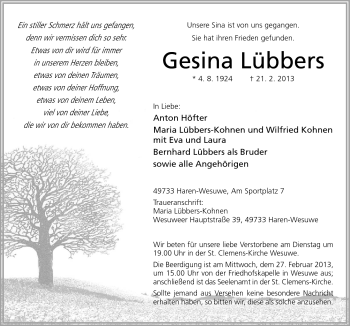 Traueranzeige von Gesina Lübbers von Neue Osnabrücker Zeitung GmbH & Co. KG