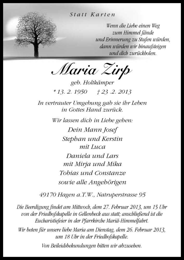  Traueranzeige für Maria Zirp vom 25.02.2013 aus Neue Osnabrücker Zeitung GmbH & Co. KG