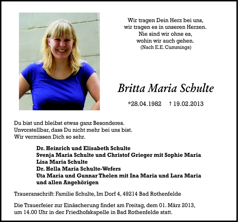  Traueranzeige für Britta Maria Schulte vom 25.02.2013 aus Neue Osnabrücker Zeitung GmbH & Co. KG