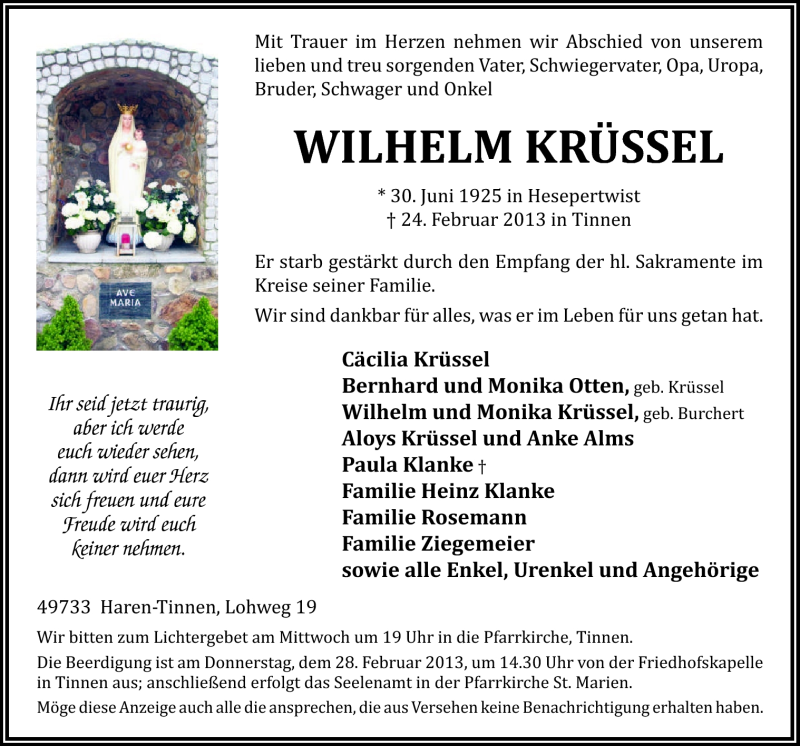  Traueranzeige für Wilhelm Krüssel vom 26.02.2013 aus Neue Osnabrücker Zeitung GmbH & Co. KG