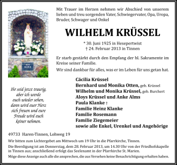 Traueranzeige von Wilhelm Krüssel von Neue Osnabrücker Zeitung GmbH & Co. KG