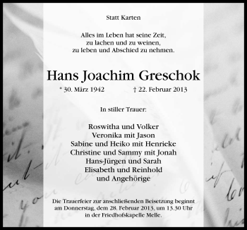 Traueranzeige von Hans Joachim Greschok von Neue Osnabrücker Zeitung GmbH & Co. KG