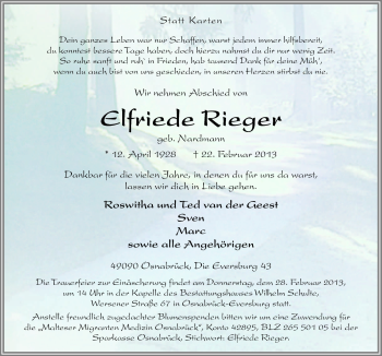 Traueranzeige von Elfriede Rieger von Neue Osnabrücker Zeitung GmbH & Co. KG