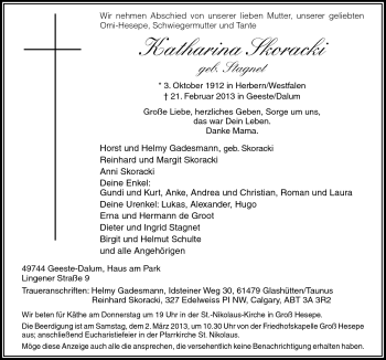 Traueranzeige von Katharina Skoracki von Neue Osnabrücker Zeitung GmbH & Co. KG